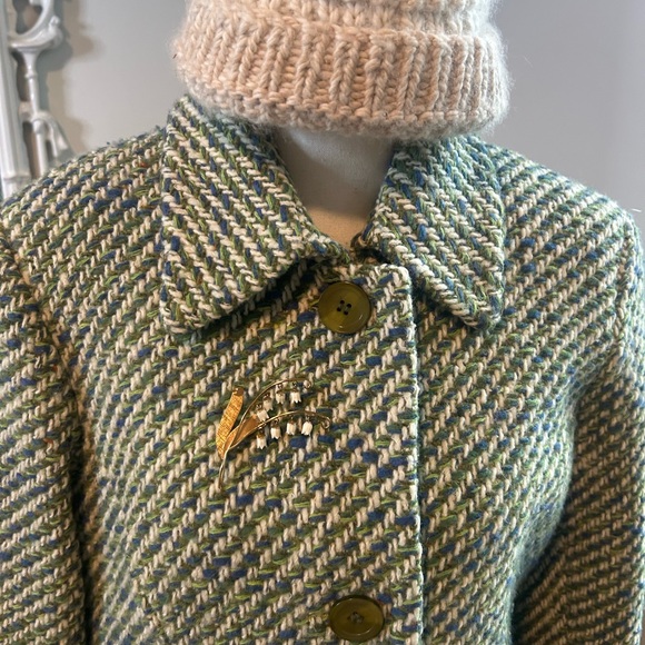 DKNY Green and Blue Tweed Trench Coat - Picture 5 of 8